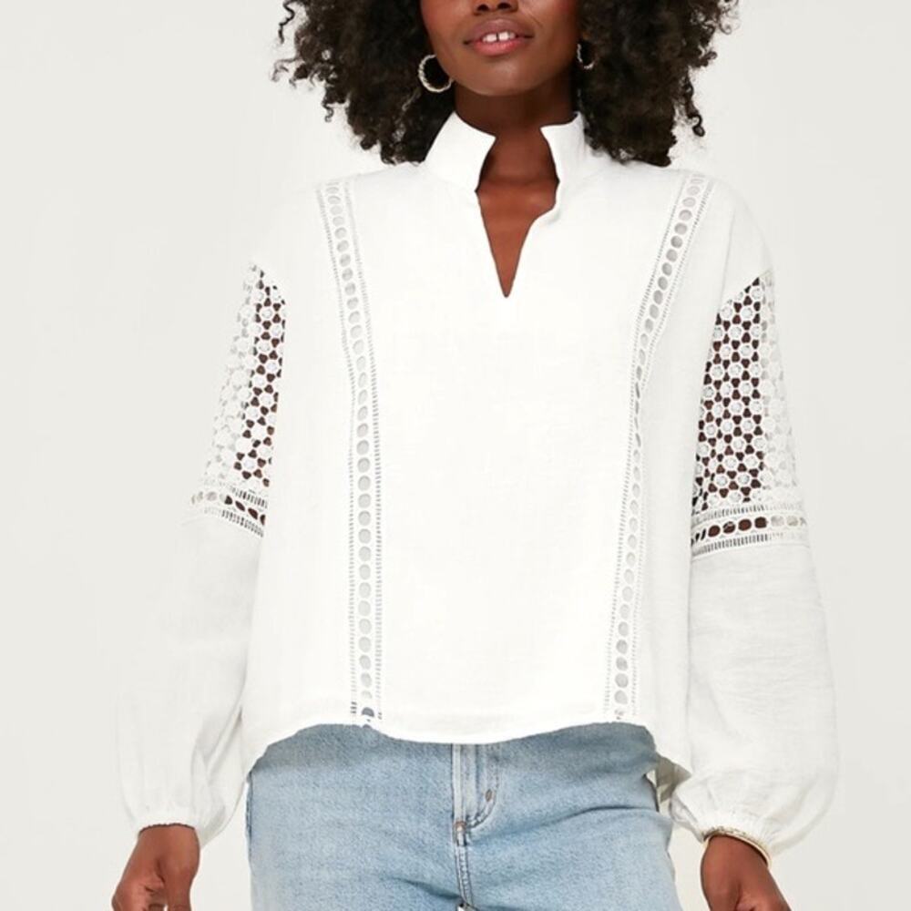 Tuckernuck White Eyelet Lace Cutout Puff Sleeve Jane Blouse Size XS